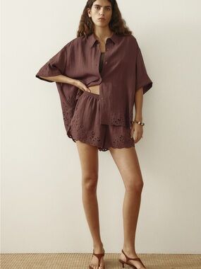 NWT H&M Oversized Eyelet Beach Shirt Brown Size S